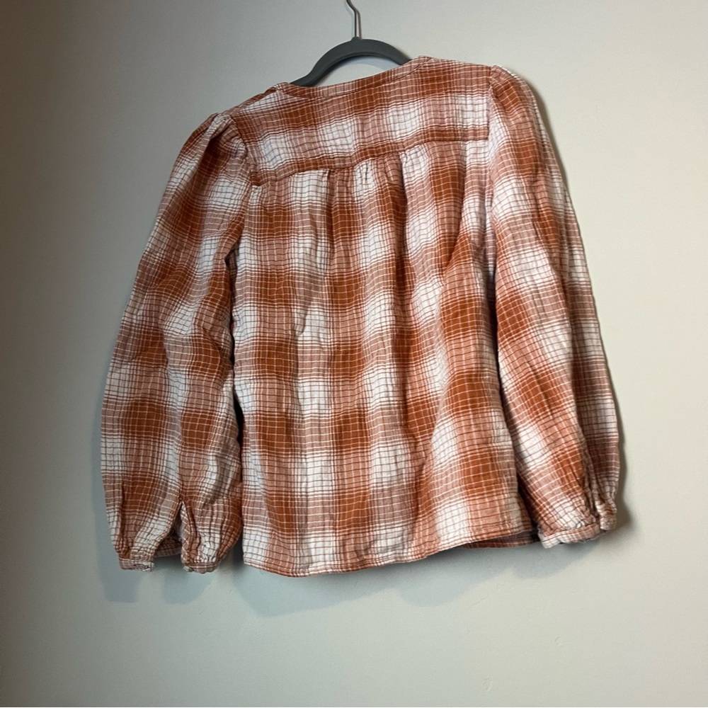 Universal threads Plaid Orange / White Top peasant puff sleeve blouse western - Picture 5 of 5